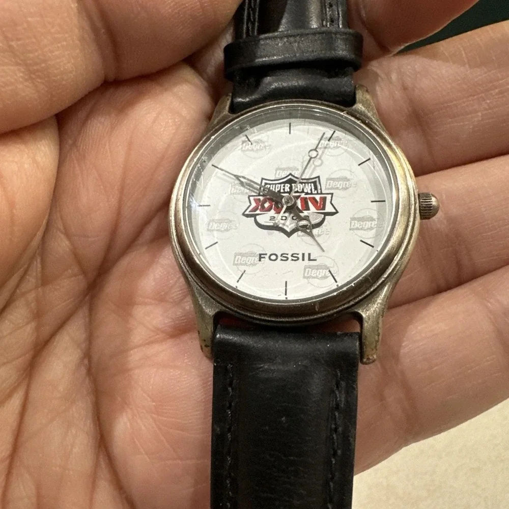 Working Vtg Fossil Super Bowl XXXIV Mens Watch 2000 Limited Edition 33mm Fit 7.5